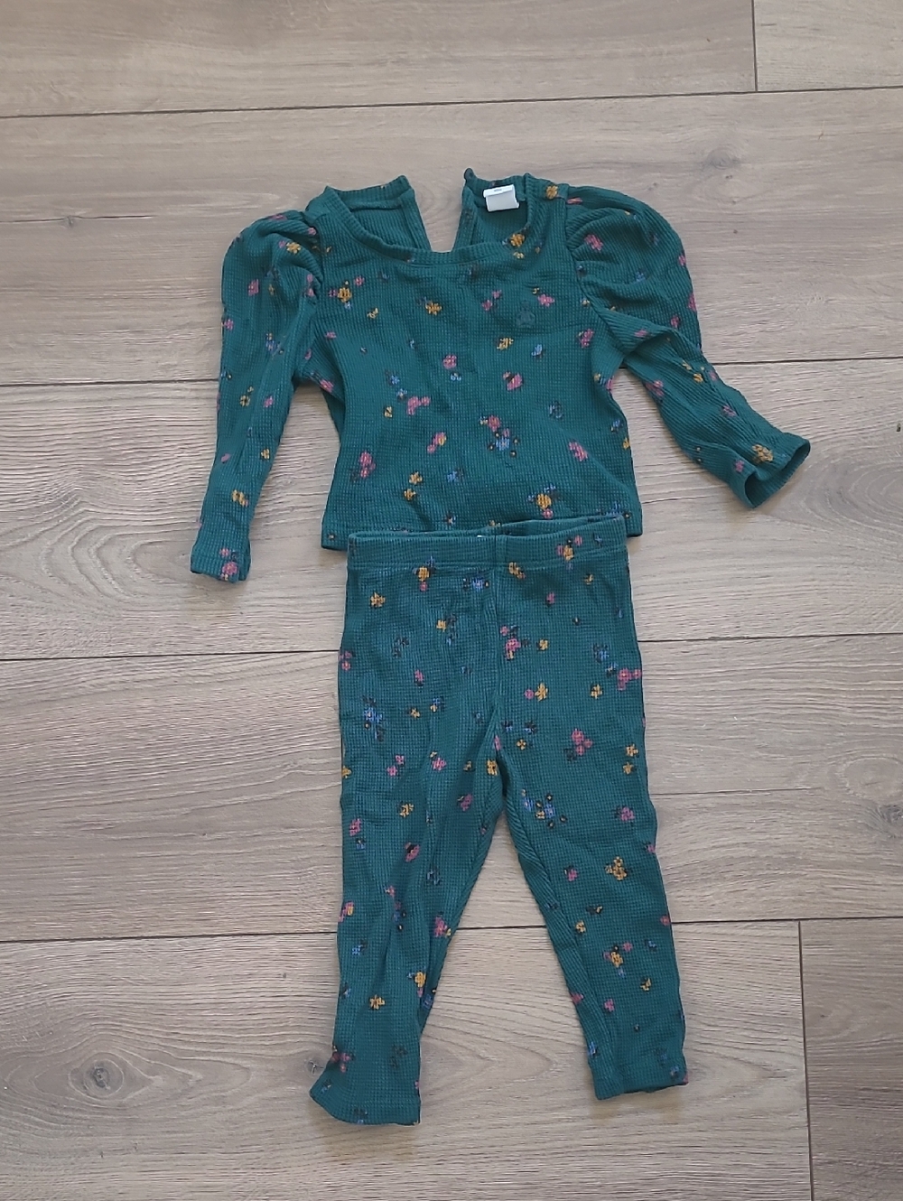 BABY GAP Size 12-18 Months, Teal Floral Ribbed Top & Leggings Set